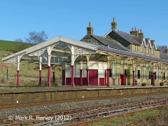 Hellifield Station: Main building, 3rd class refreshment kiosk & canopy from W.