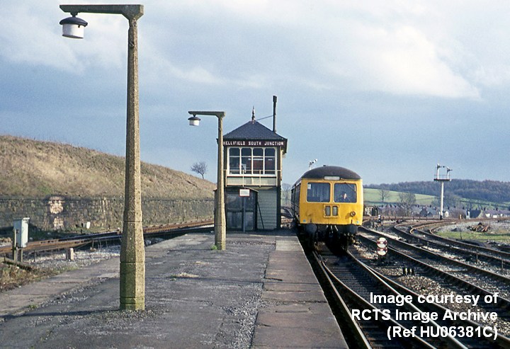 Hellifield South Junction Signal Box, context from northwest with class 126 DMU.