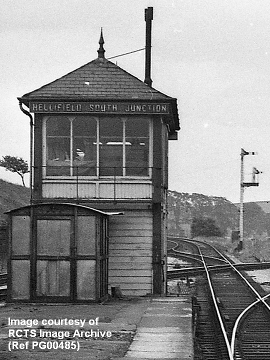 Hellifield South Junction Signal Box and Lamp Hut from northwest circa 1970-72.