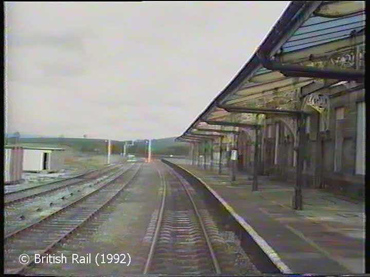 Hellifield Station, main building and canopy: Cab-view, northbound (forwards).