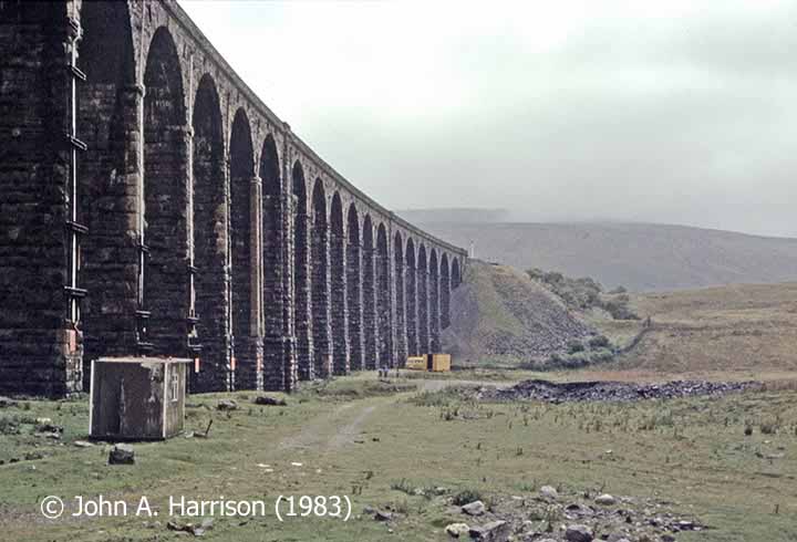 Ribblehead Viaduct from the southeast. Note the metal bracing around the piers.