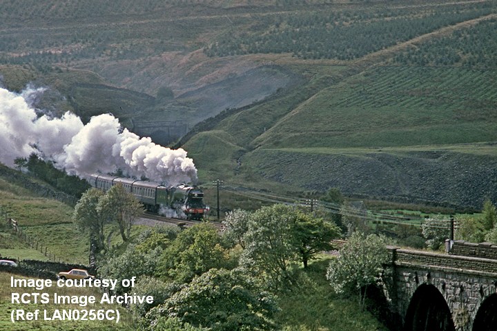 Blea Moor Tunnel North Portal, spoil tip, Dent Head Viaduct and Flying Scotsman.