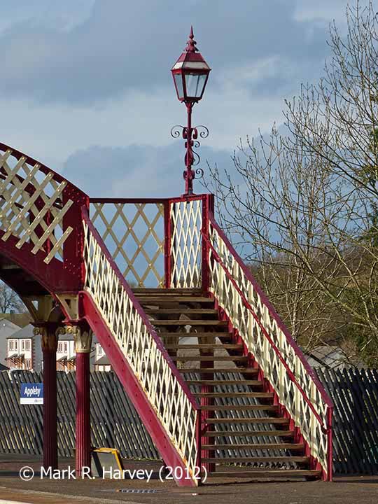 Appleby Station Footbridge, 'Up' side stairs and ornamental lantern.