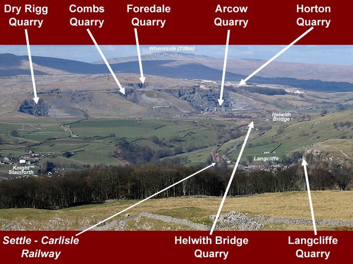 Annotated photo showing the location of key quarry sites near Helwith Bridge