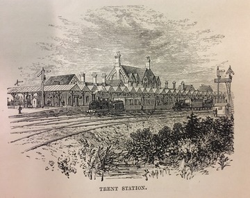 Black & White lithograph showing early railway signals at Trent Station on the Midland Railway.