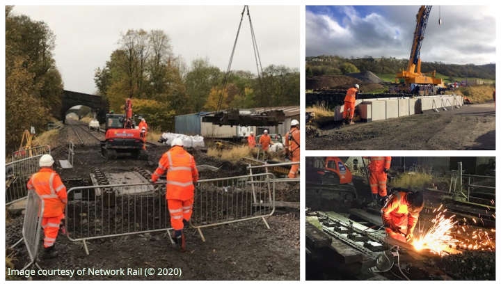 Composite image: three photographs showing the bridge works in full swing.