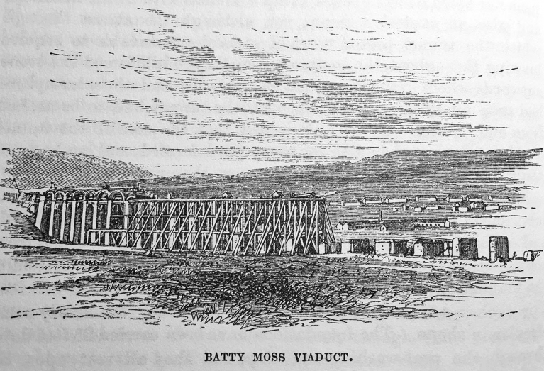Line drawing: An artist's impression of Batty Moss Viaduct during construction.