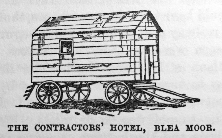Line drawing: An artists impression of the 'caravan' known as the Contractors' Hotel, Blea Moor.
