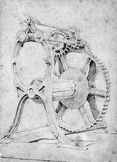 Wash drawing by John Cooke Bourne: Winch or 'Crab' mechanism for winding chains.