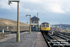 Hellifield South Junction Signal Box, context from northwest with class 126 DMU.