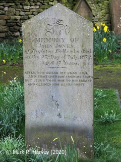 Gravestone in Settle Churchyard: "John Jones of Ingleton Fells who died on the 27th of July 1872, Aged 17 years".