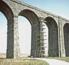 Ribblehead Viaduct from the west-northwest, with scaffolding beside pier 13.
