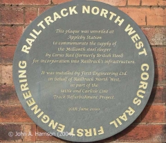 Plaque at Appleby commemorating supply of 1 million steel sleepers by Corus Rail.