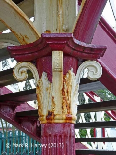 Appleby Station Footbridge, decorative column capital, bracing and steps.