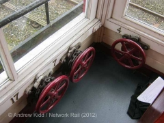 Settle Junction Signal Box Interior: signal-wire tensioning wheels / handles