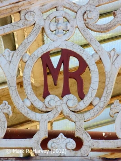Hellifield Station platform canopy detail: 'MR' logo
