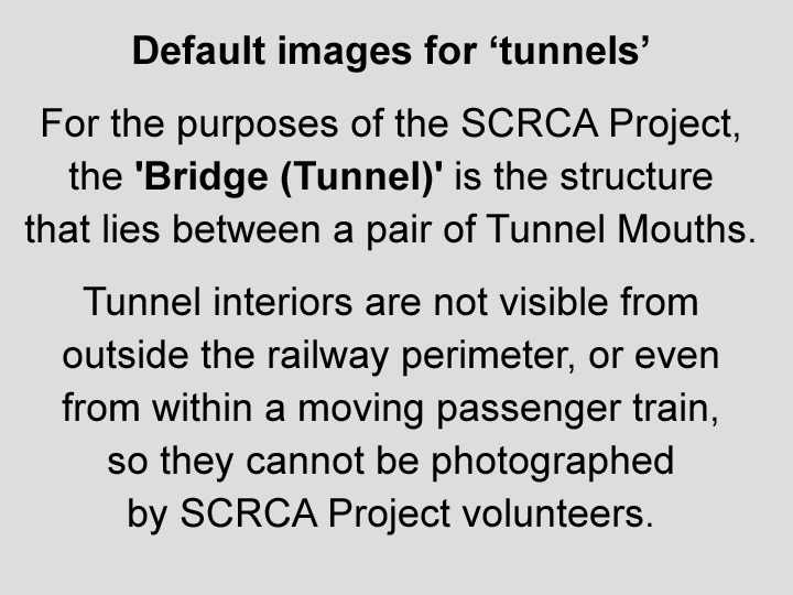 Note: Tunnel interiors cannot be photographed by SCRCA Project volunteers. Note: Tunnel interiors cannot be photographed by SCRCA Project volunteers.