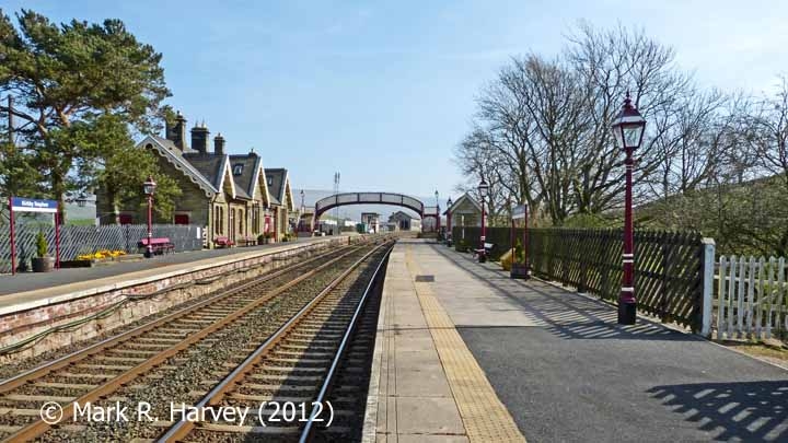 Kirkby Stephen Station 'Up' platform, booking office and footbridge from the NW
