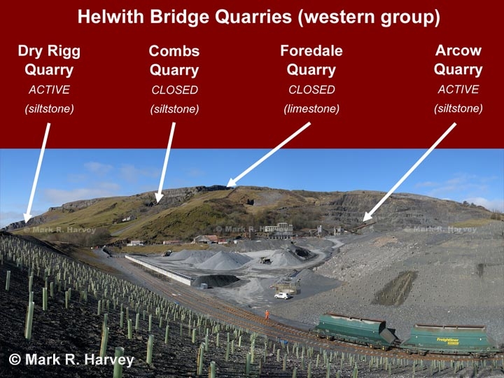 Helwith Bridge Quarry Siding with quarry sites labelled